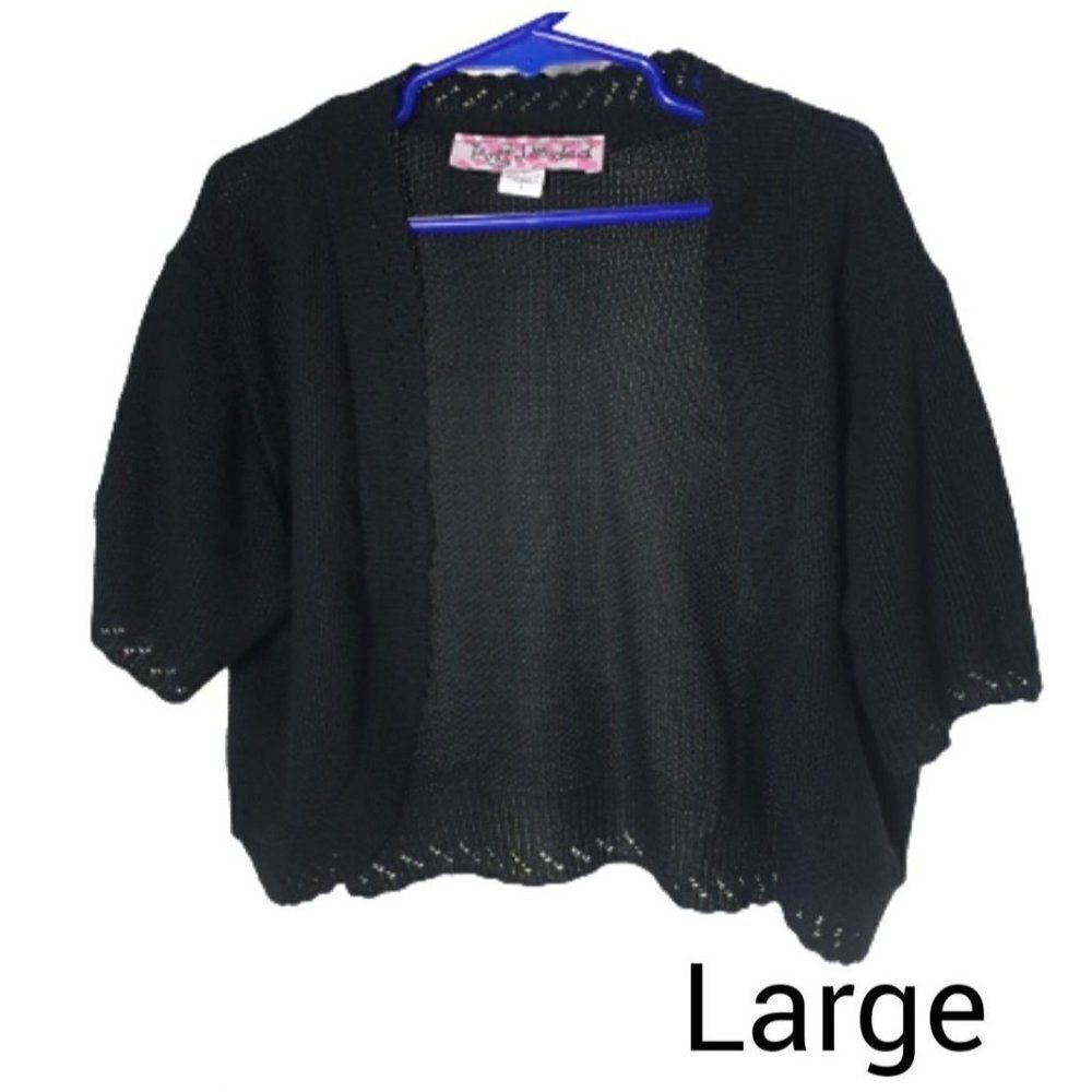 Girls Black Crop Bolero Shrug Top Open Cardigan Knit Short Sleeve Vest Large